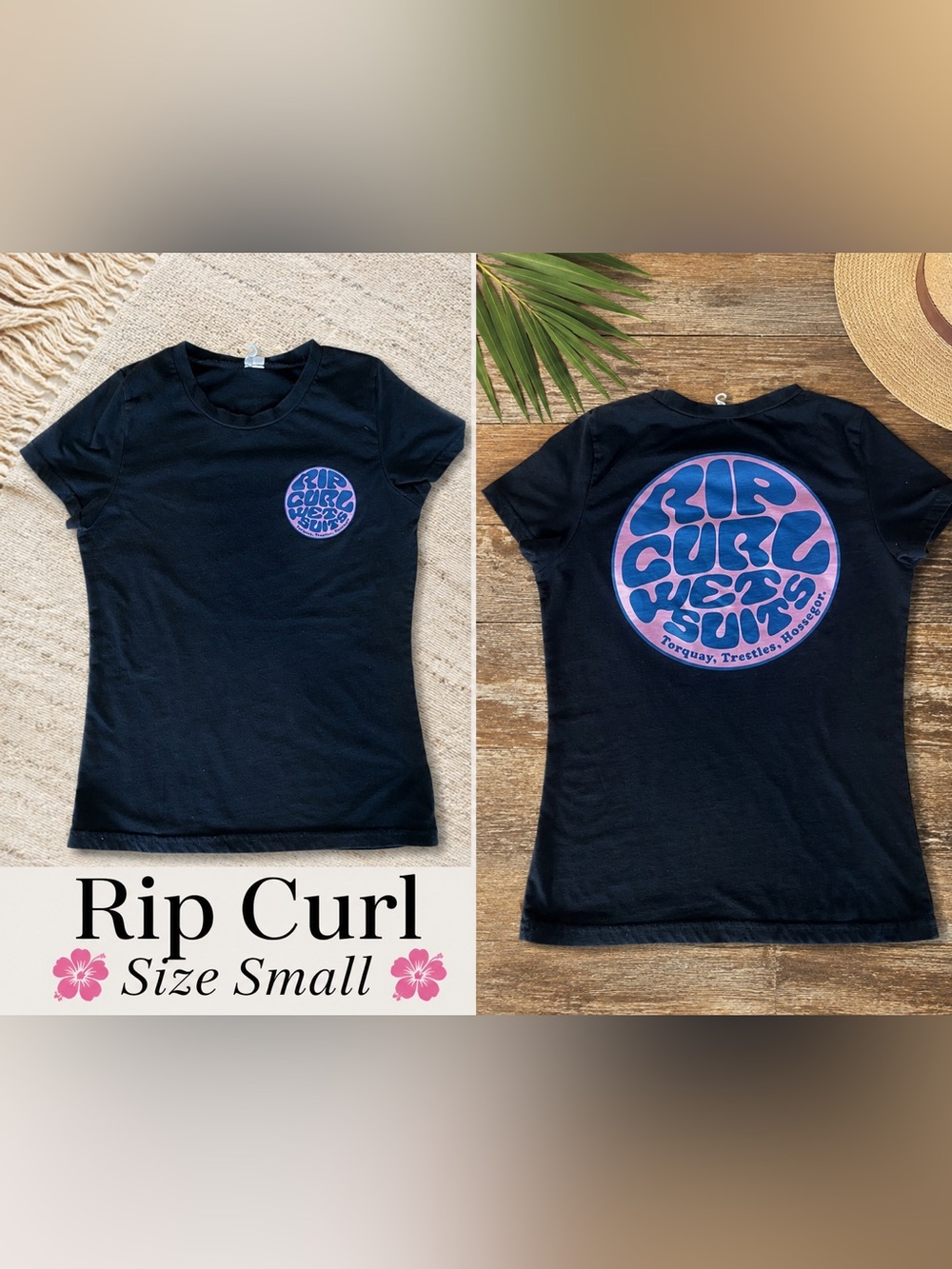 Rip Curl Black Tee with Pink and Purple Surf Logo
